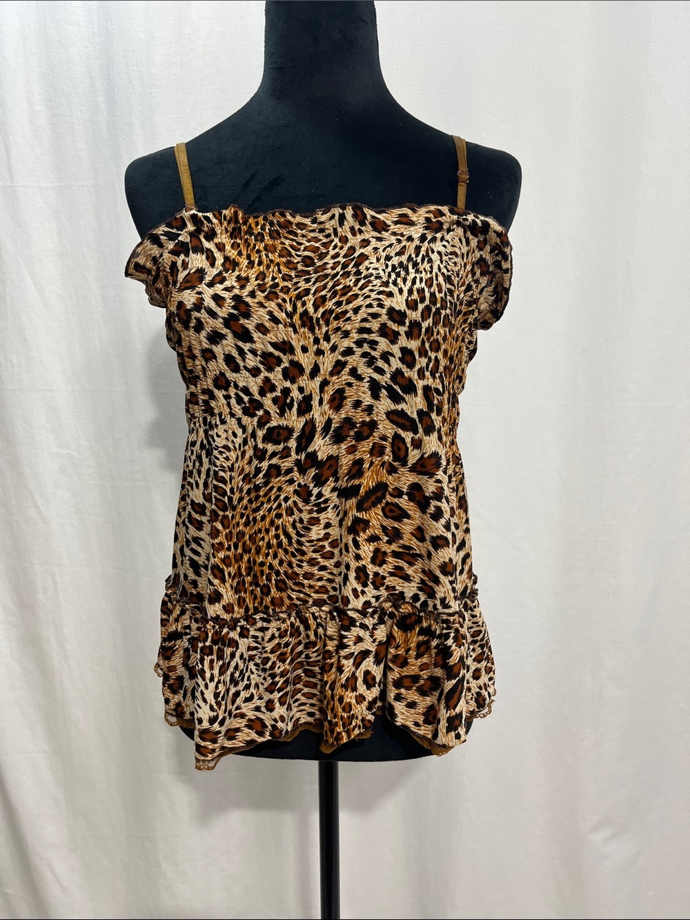 Leopard Print Ruffle Cami Top - Brown/Black chic trendy, work date party 1331